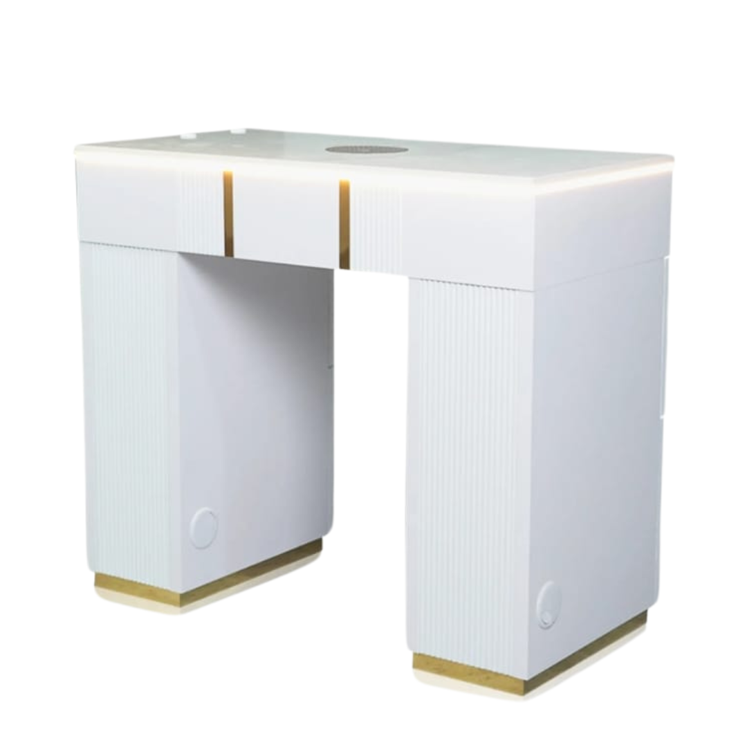 White desk with gold accents on a white background