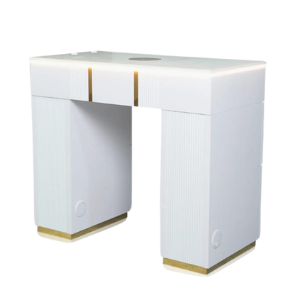 White desk with gold accents on a white background