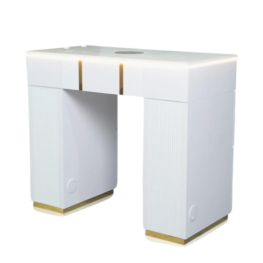 White desk with gold accents on a white background