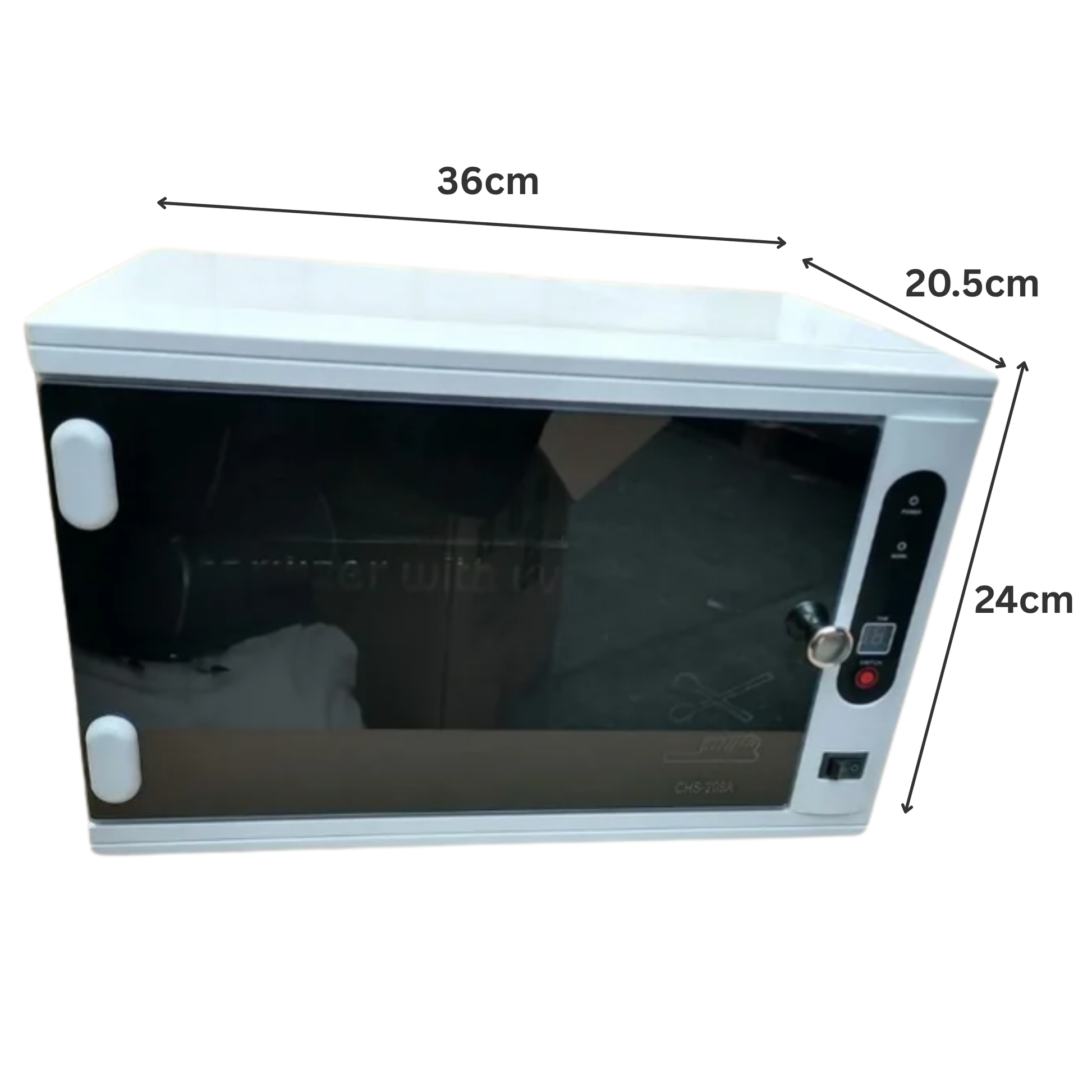 Steriliser with dimensions labeled on a white background
