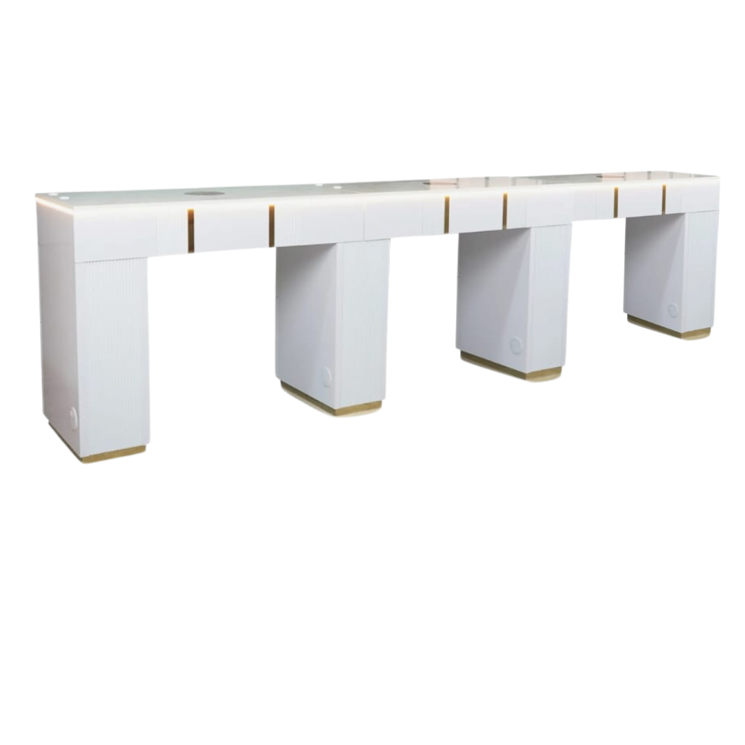 Modern white console table with gold accents on a white background