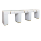 Modern white console table with gold accents on a white background