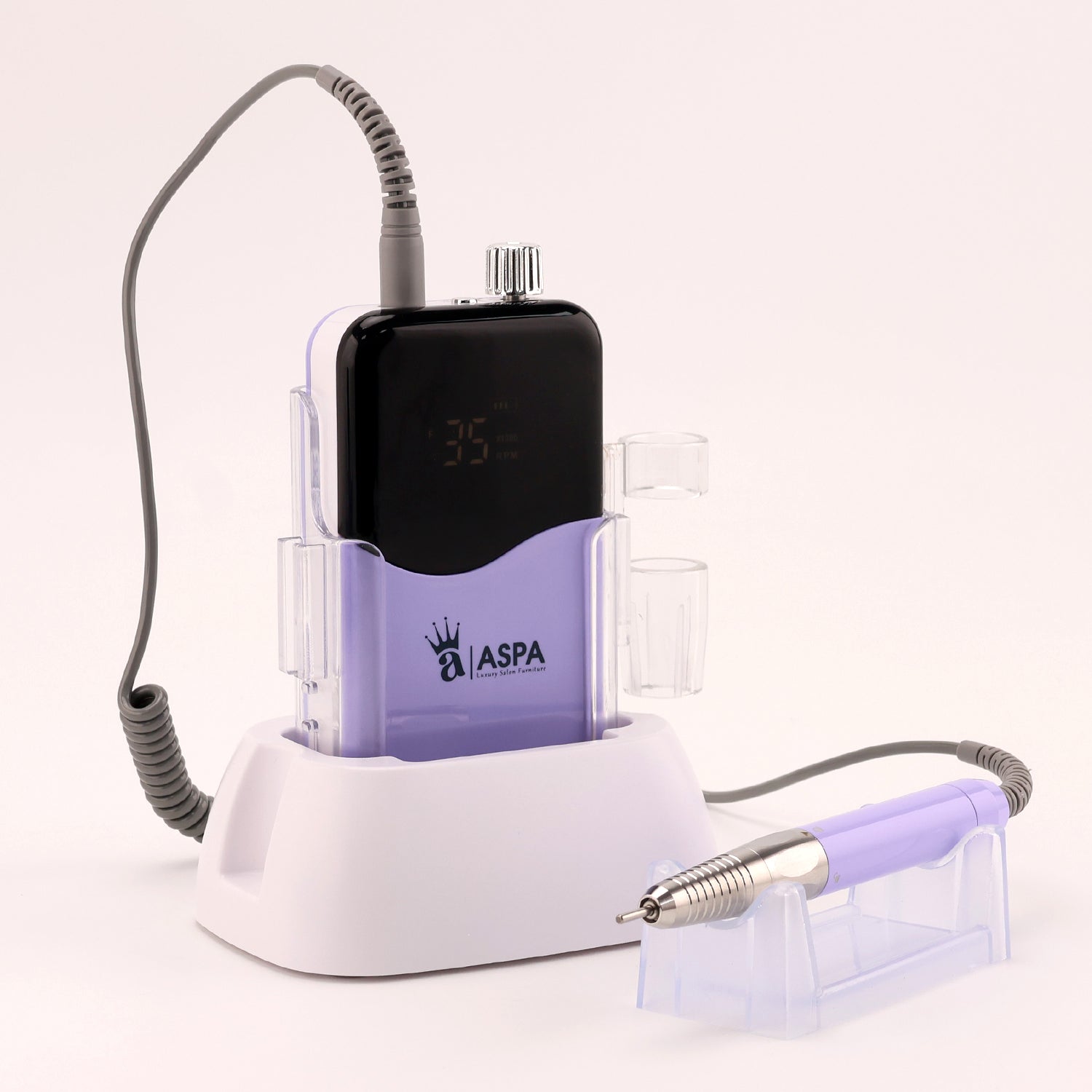 Electronic nail drill device with a purple component on a white background