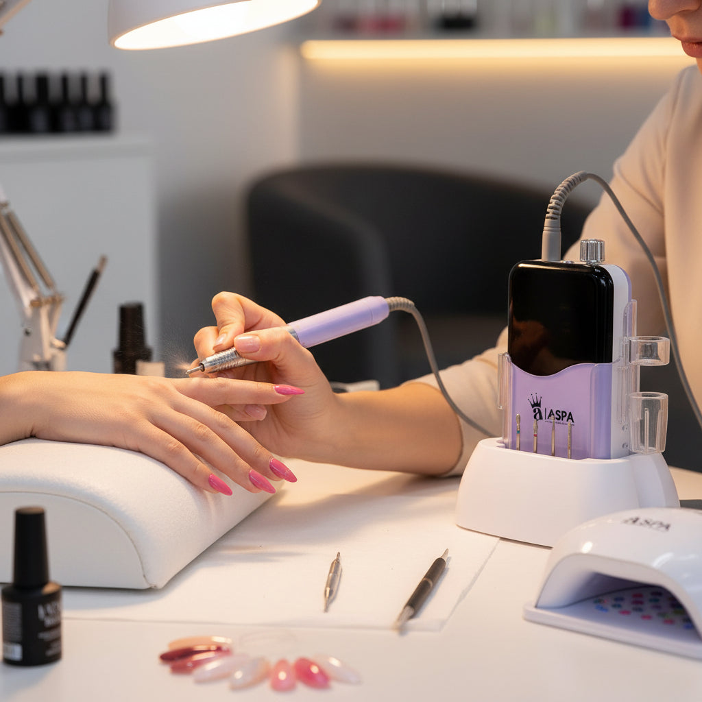 A technician is doing manicure for customer with the nail drill