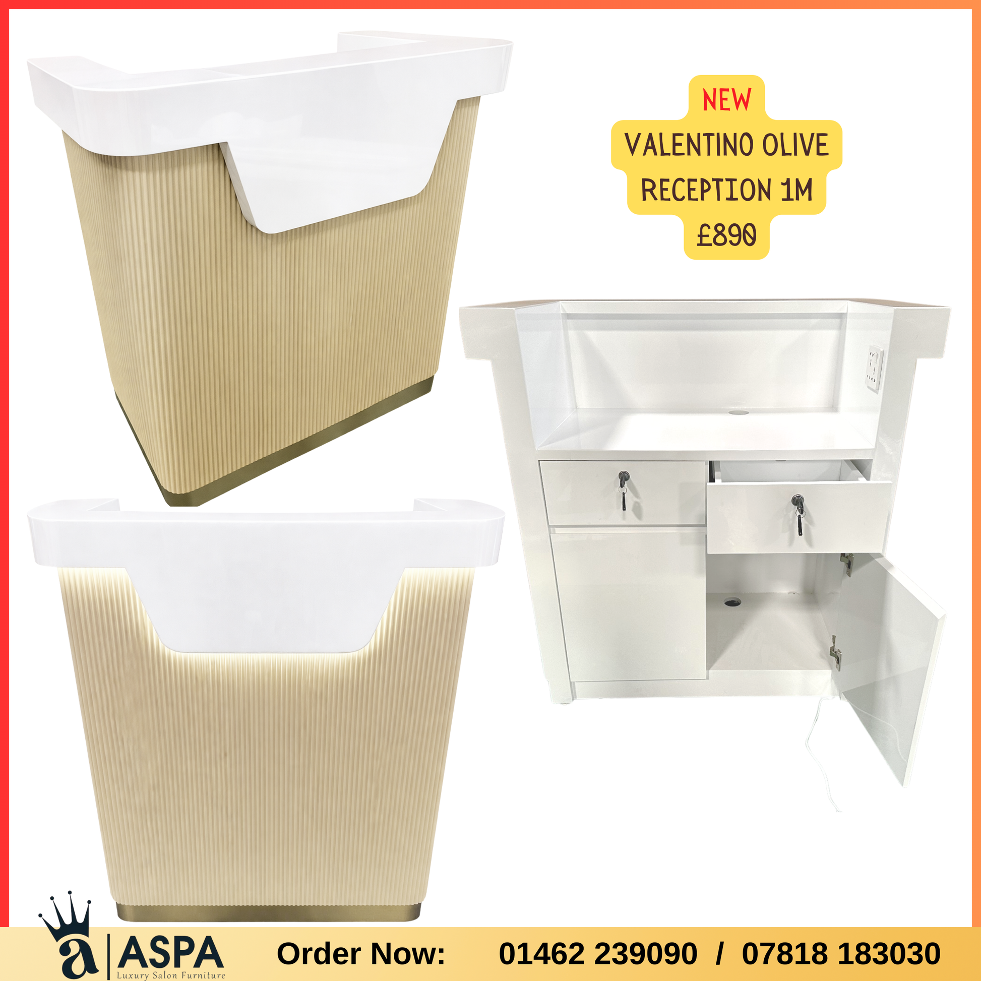 Valentino Olive reception desk with beige and white design, showing front and side views, on a white background.