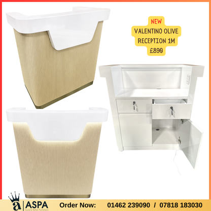 Valentino Olive reception desk with beige and white design, showing front and side views, on a white background.