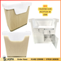 Valentino Olive reception desk with beige and white design, showing front and side views, on a white background.