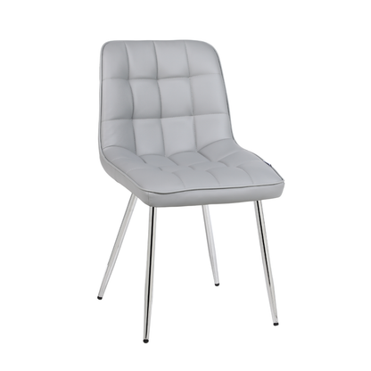 Gray upholstered chair with chrome legs on a white background