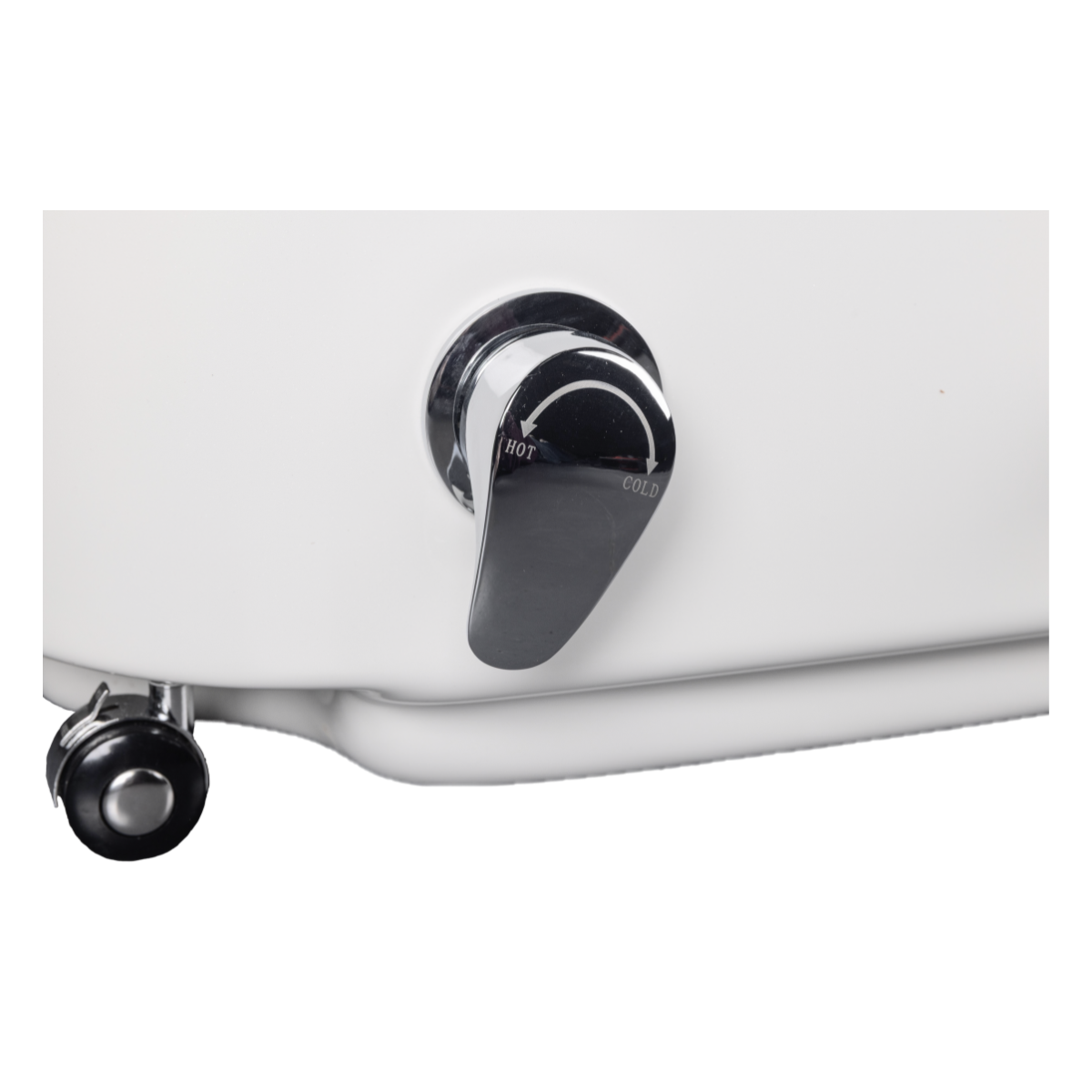 Close-up of a white water heater with control knobs on a white background