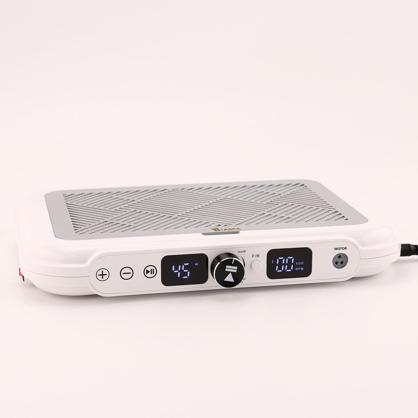 White electronic device with digital display and control buttons on a white background