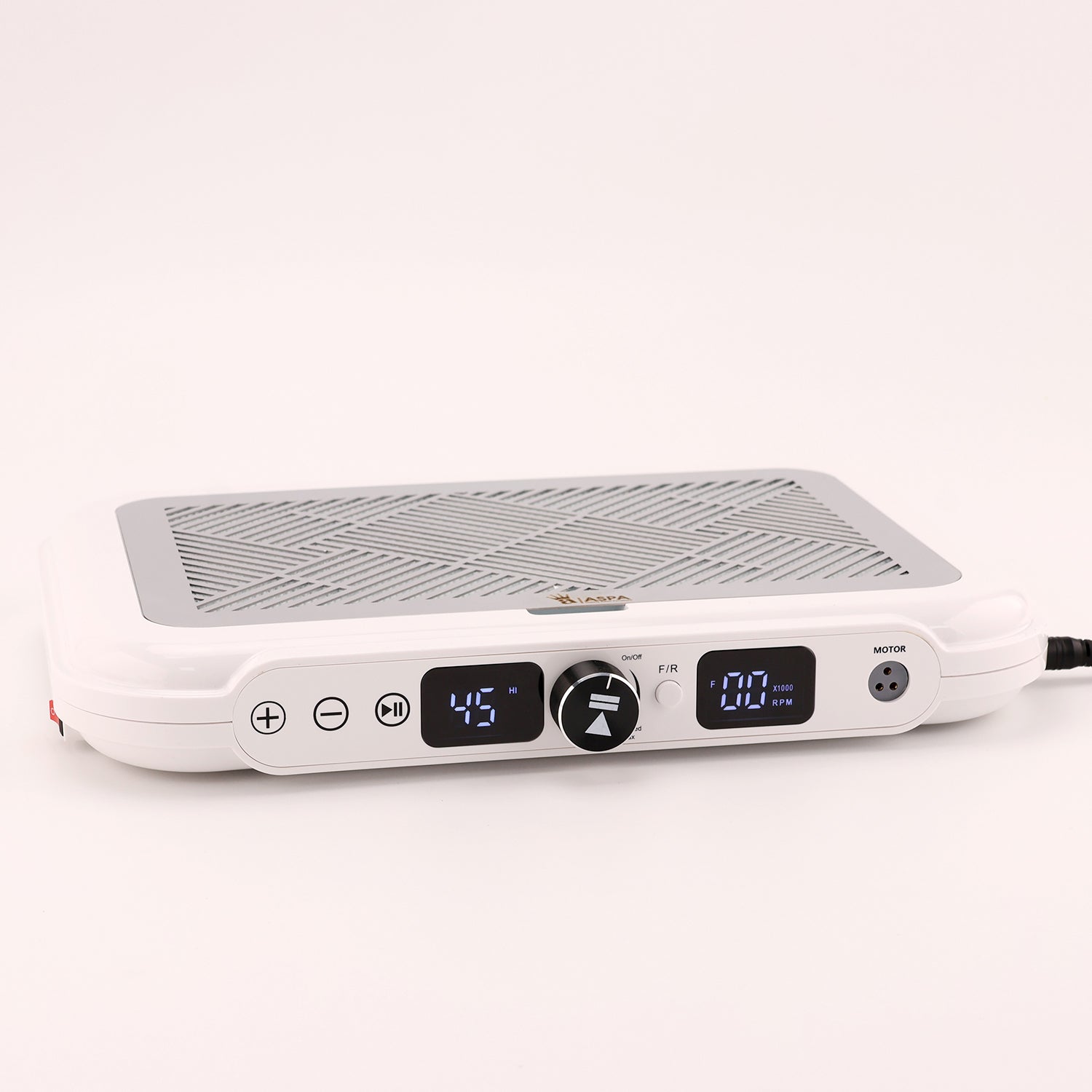 White electronic device with digital display and control buttons on a white background
