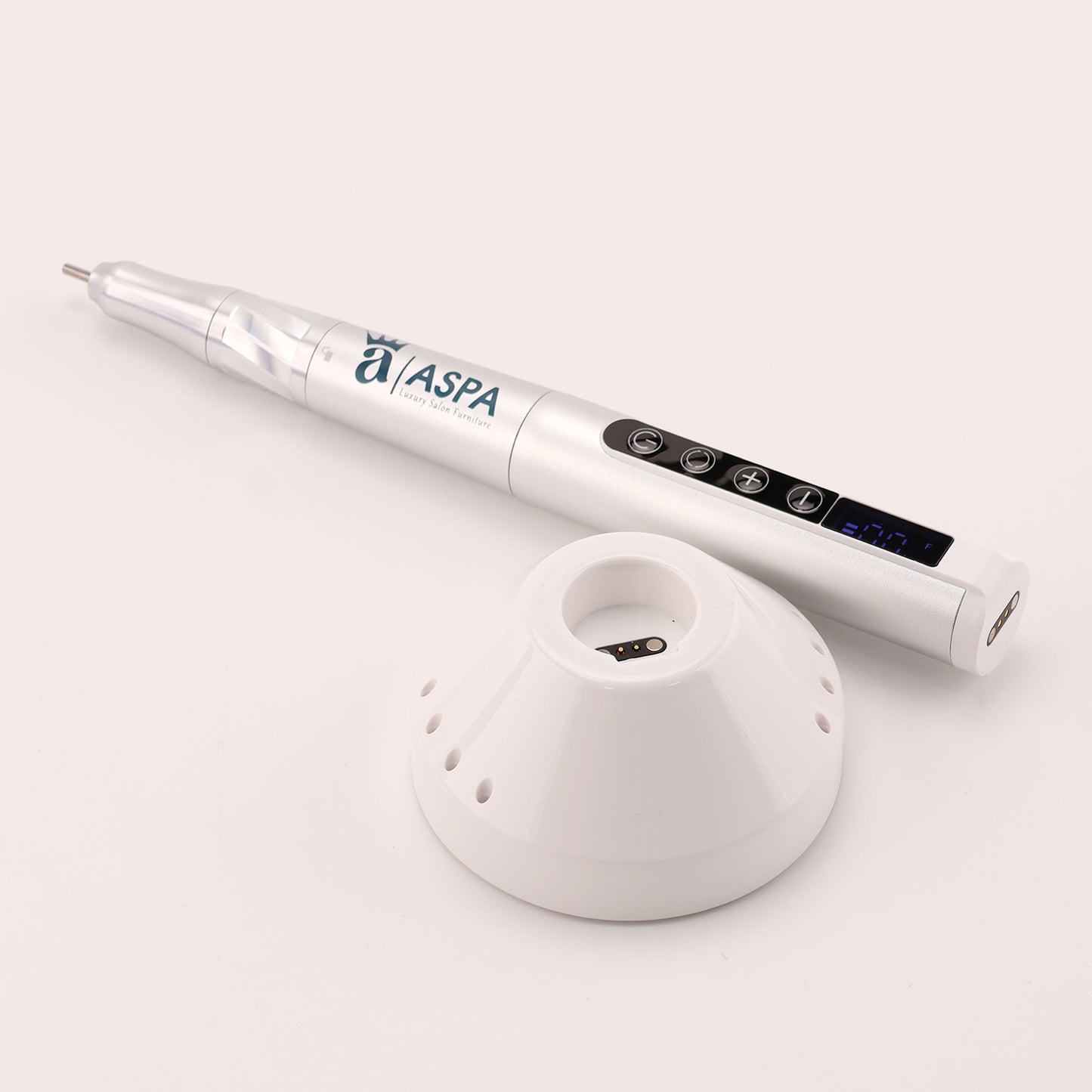 White electronic device with 'ASPA' branding on a light gray background