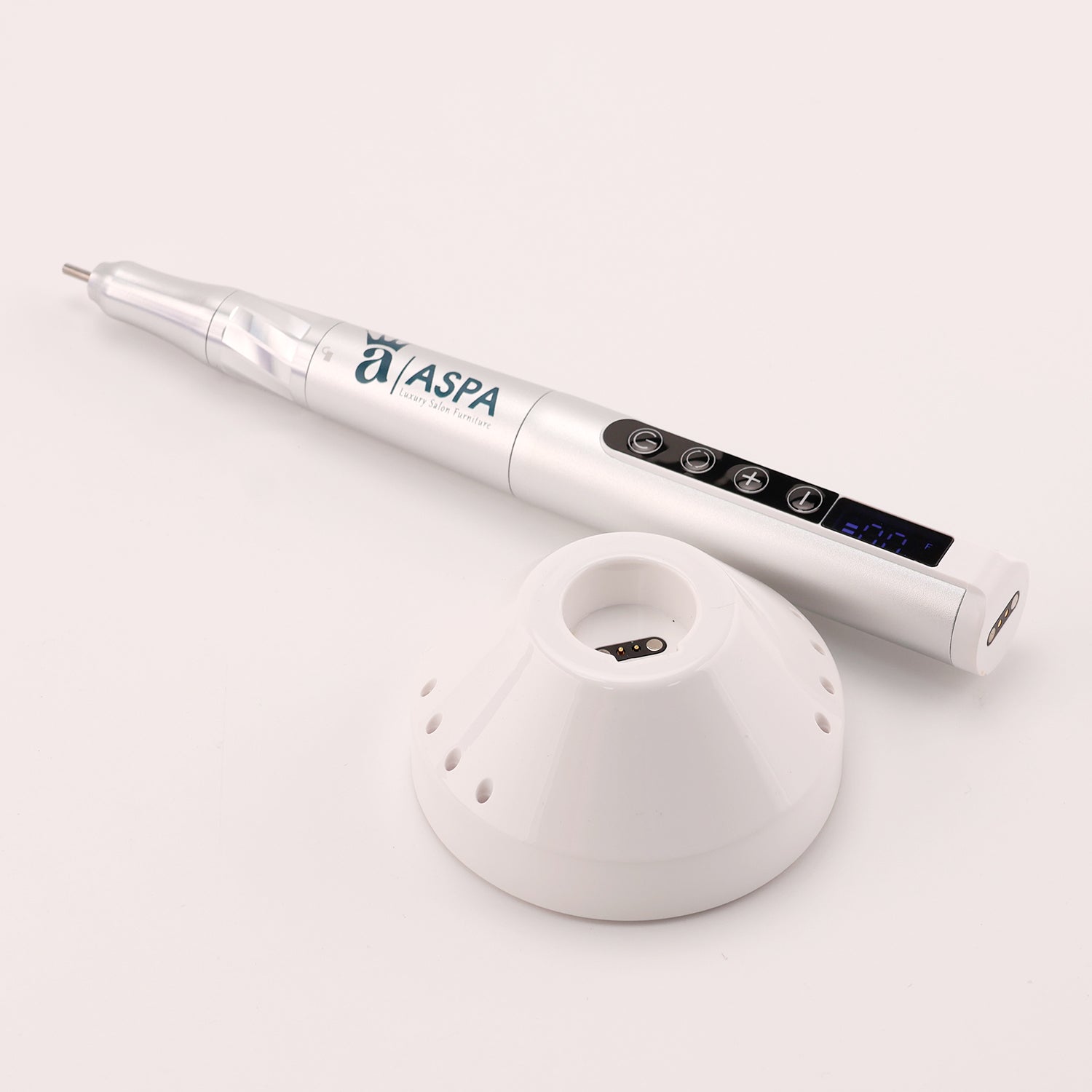 White electronic device with 'ASPA' branding on a light gray background