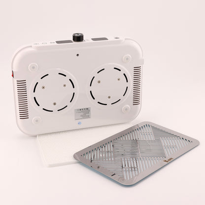 White electronic device with cooling fans and a heating pad on a light gray background