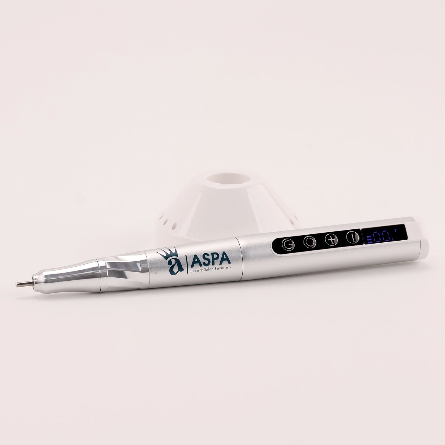 White electronic device with 'ASPA' branding on a light gray background