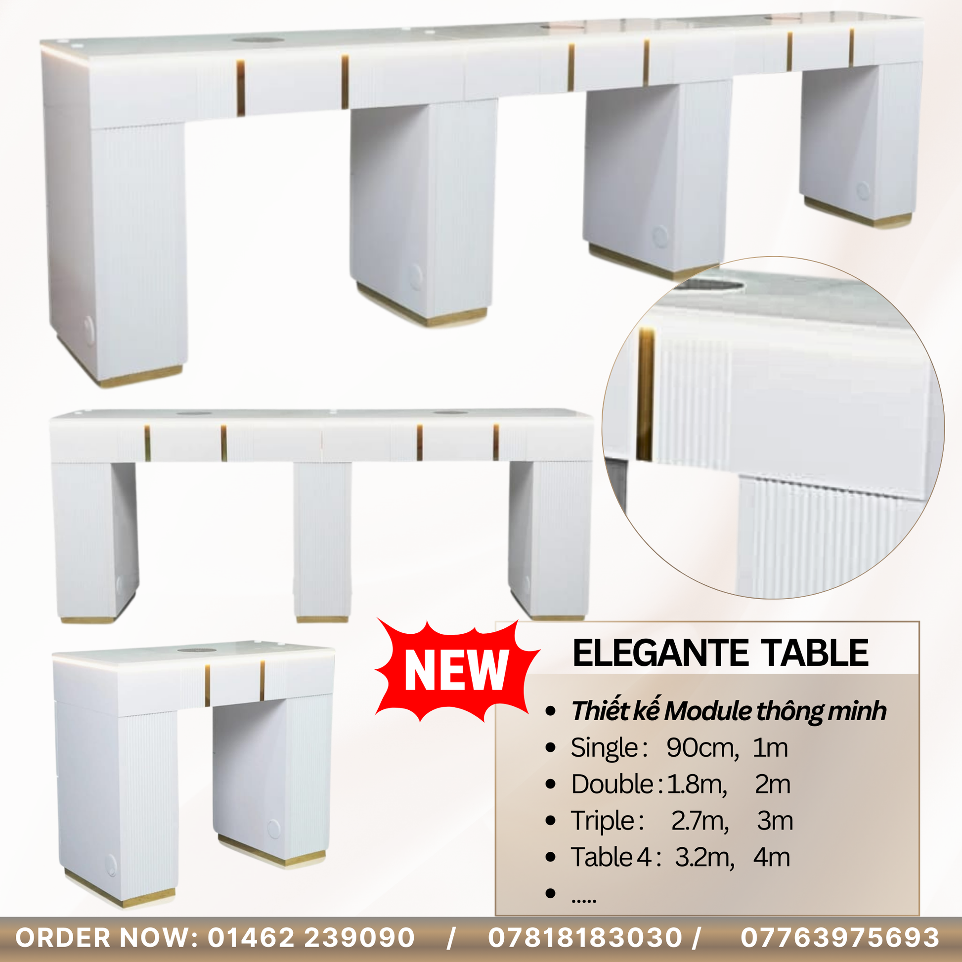 White table with gold accents on a white background, featuring product details and contact information.