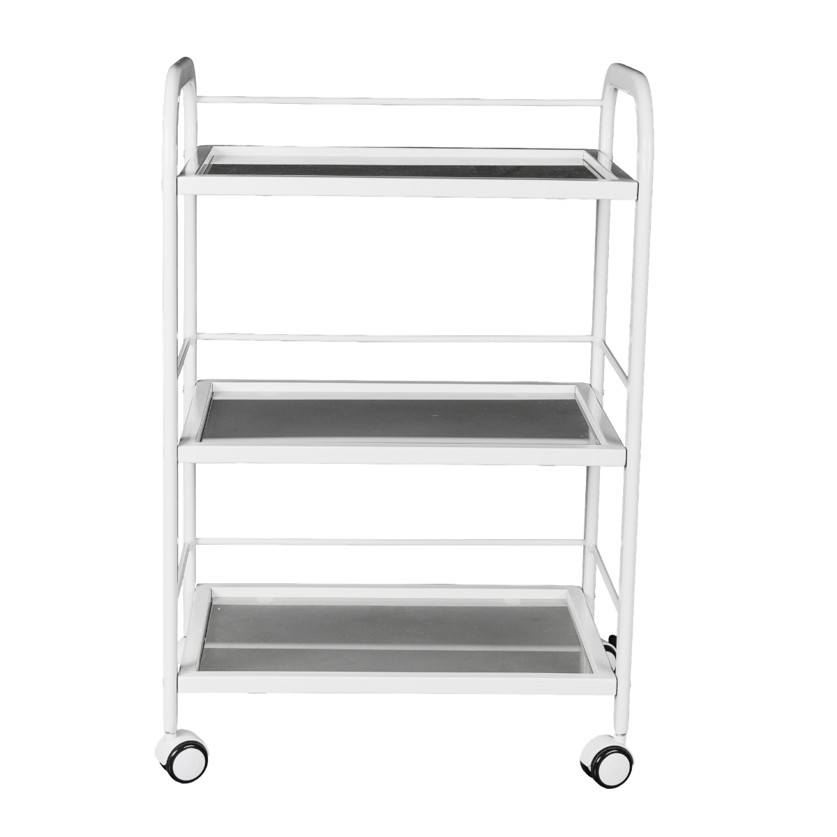 White metal rolling cart with three shelves on a white background