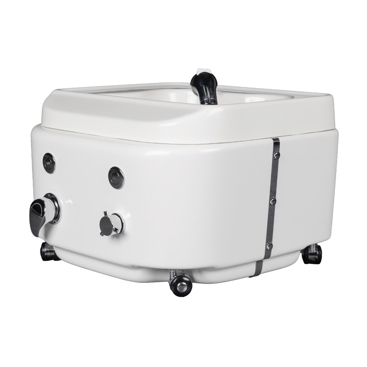 White foot spa with multiple control knobs on a white background