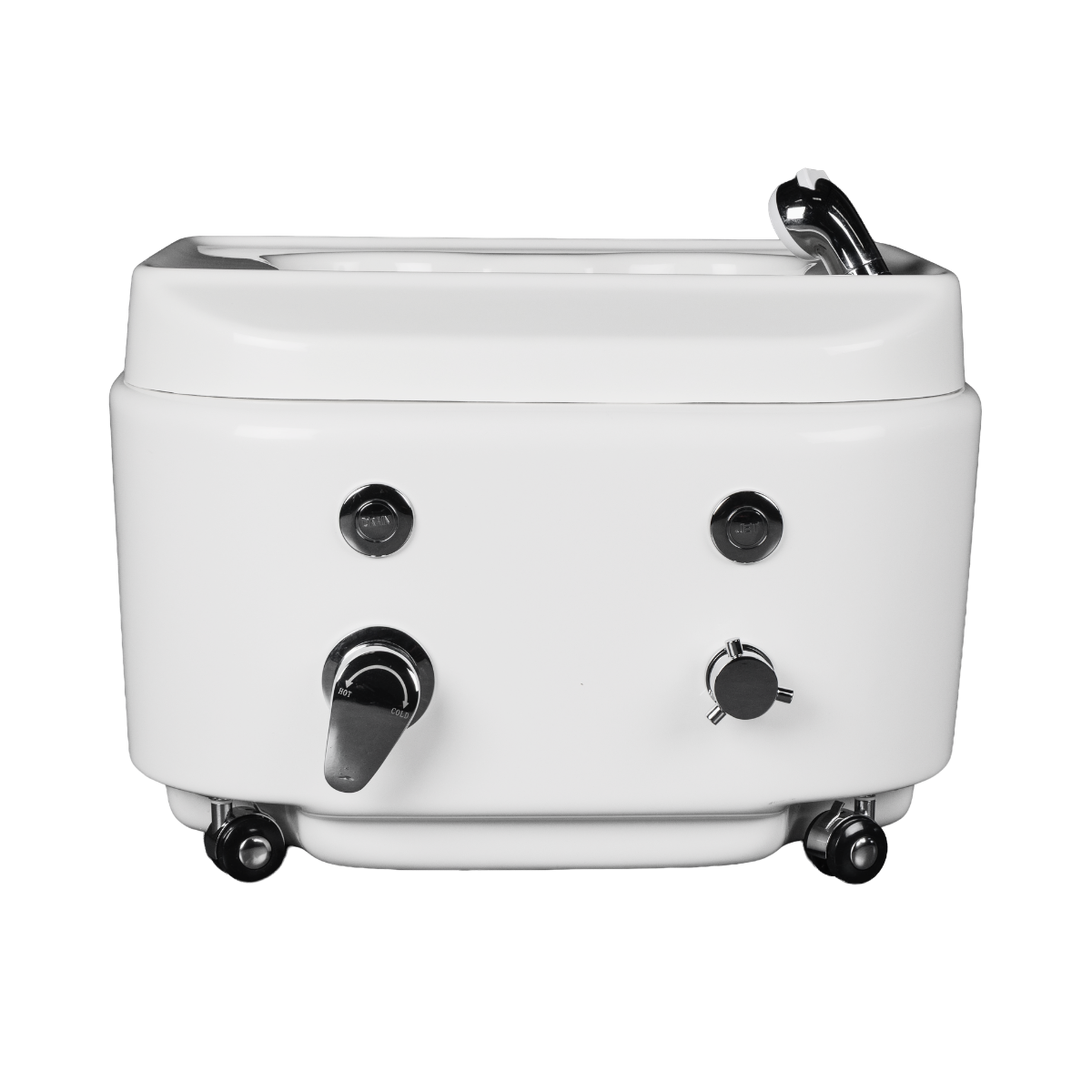 White mobile foot spa with ceramic hot water boiler with multiple handles on a white background