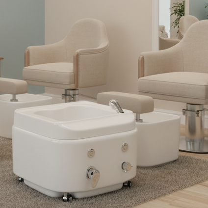 White water fountain with multiple faucets on a white background