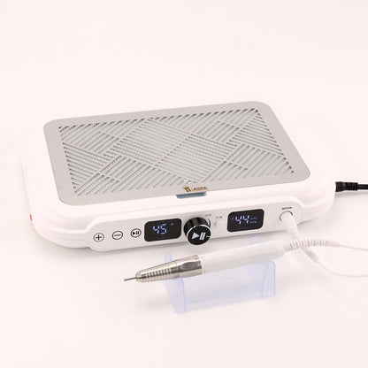 White nail drill tool with digital display and attachments on a white background