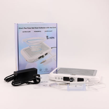 White nail dust collector with power adapter and box on a white background