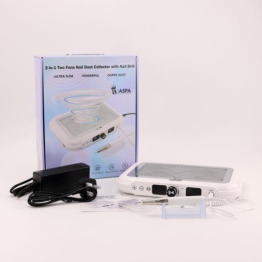 White nail dust collector with power adapter and box on a white background