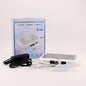 White nail dust collector with power adapter and box on a white background