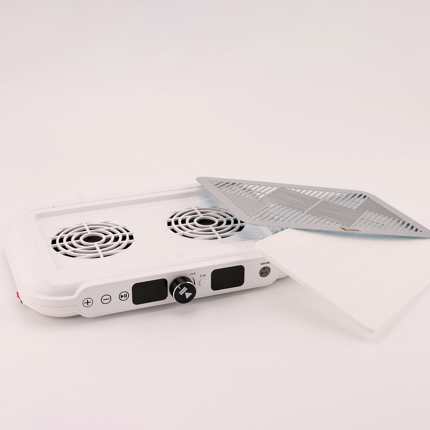 White electronic device with cooling fans on a light gray background