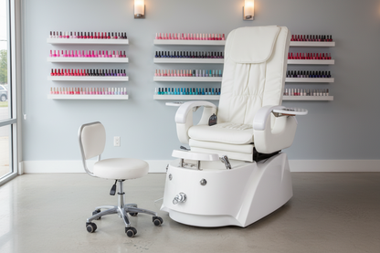 White pedicure chair with foot basin and control panel on a nail salon with many polish gel background
