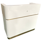 White reception desk with gold trim on a white background