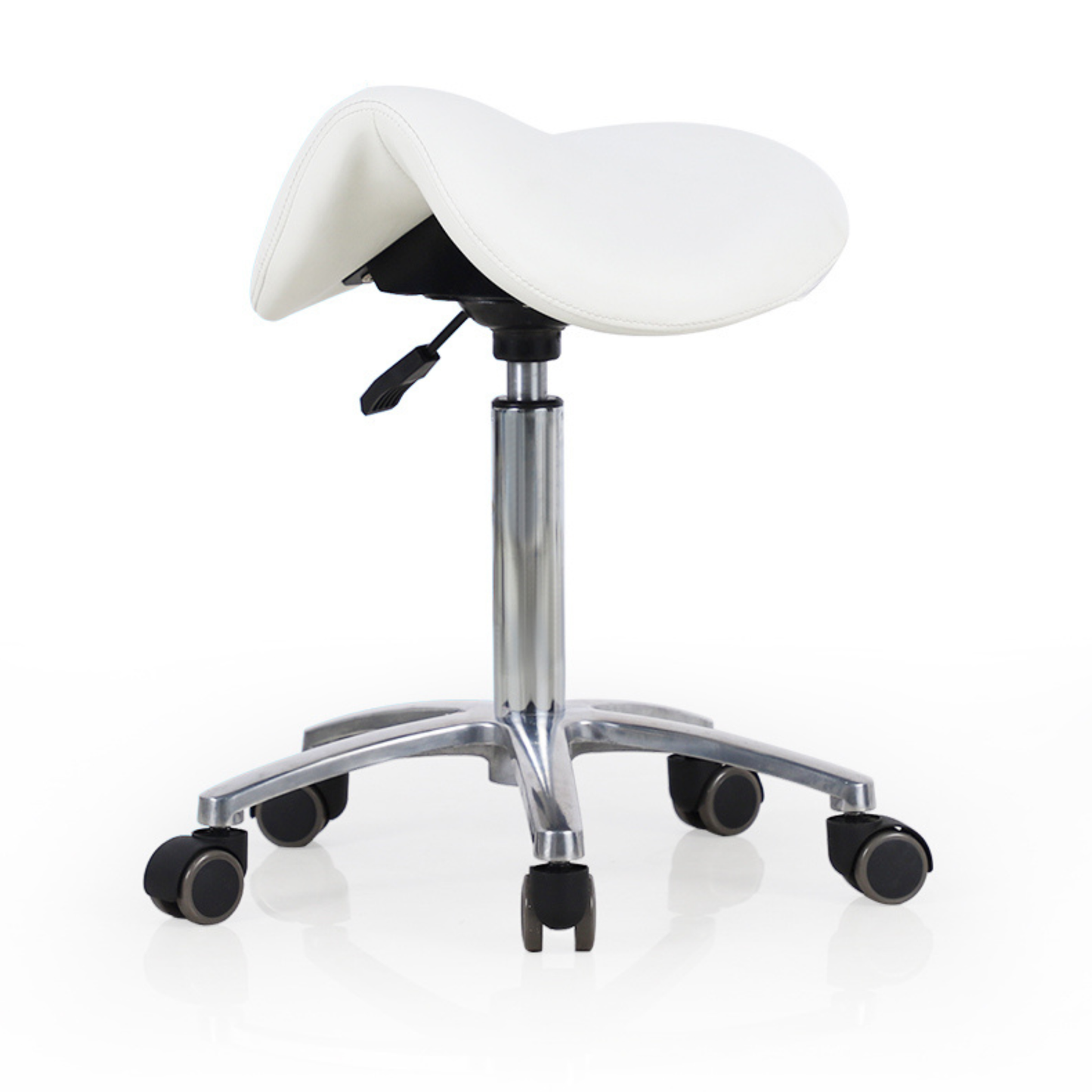 White saddle-style office chair with a chrome base on a white background