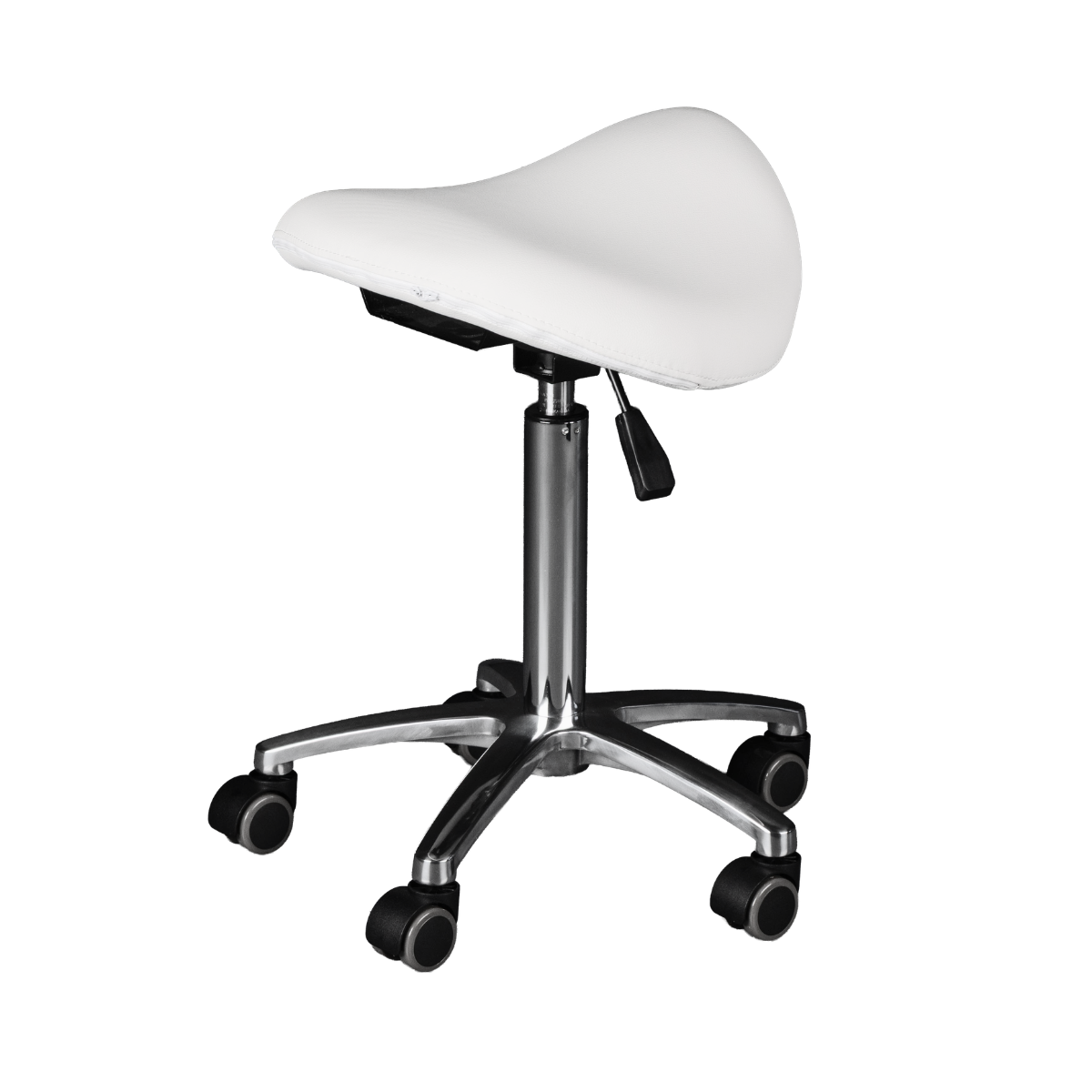 White saddle-style stool with a metal base on a white background