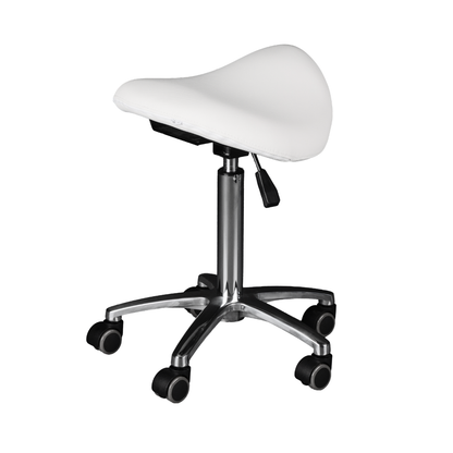 White saddle-style stool with a metal base on a white background
