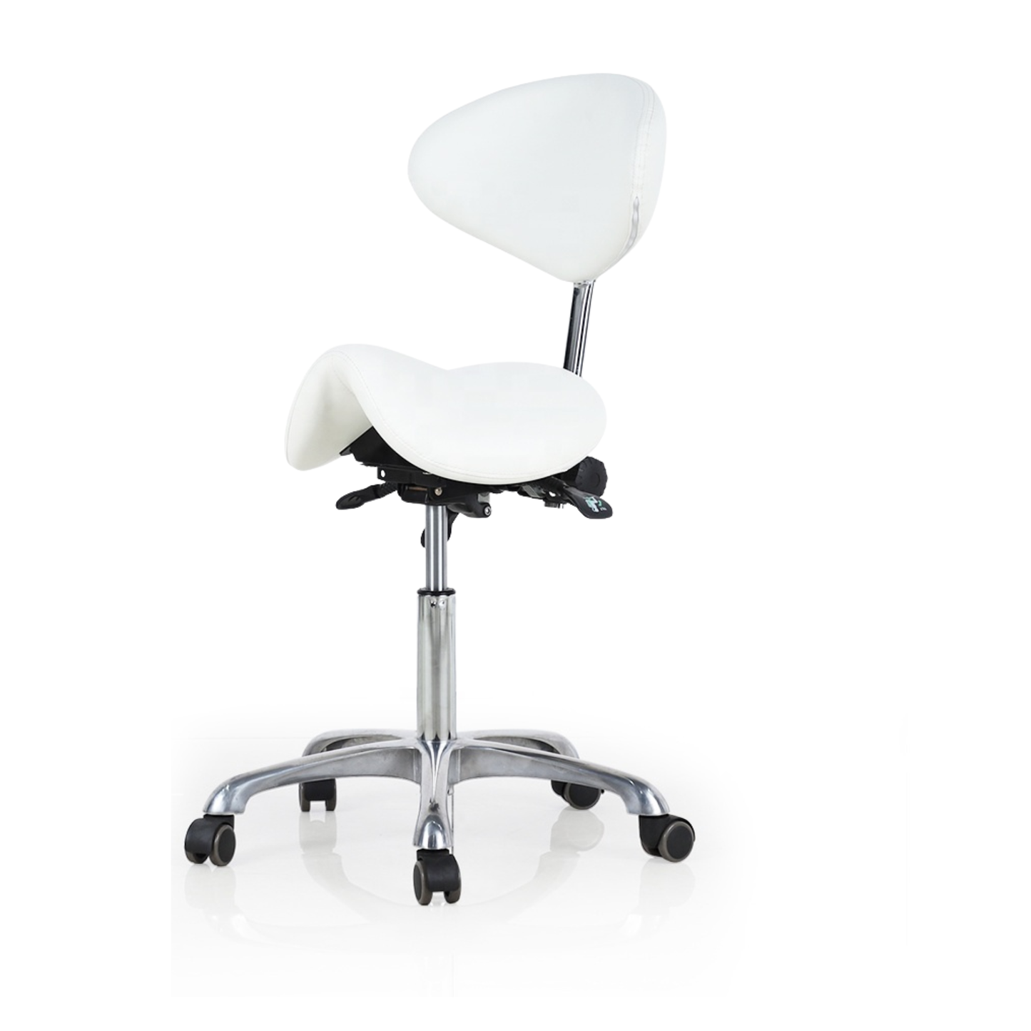 White saddle chair with a chrome base on a white background