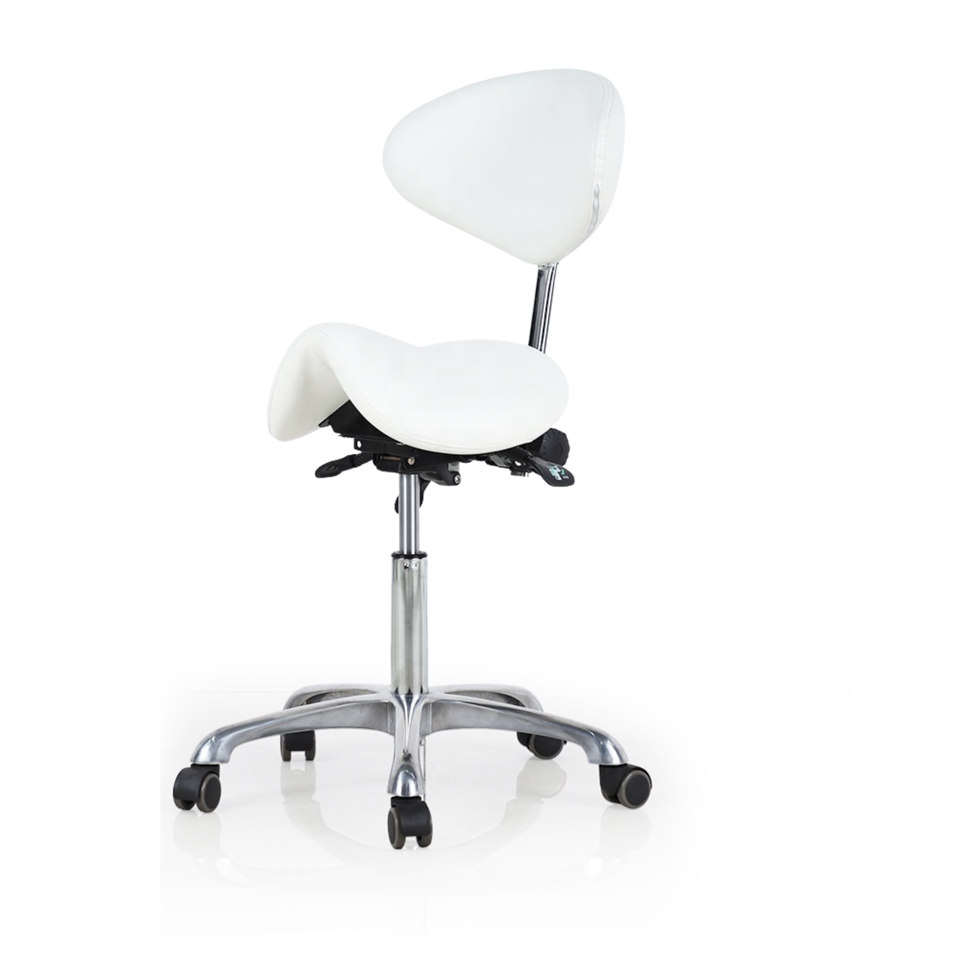 White saddle chair with a chrome base on a white background