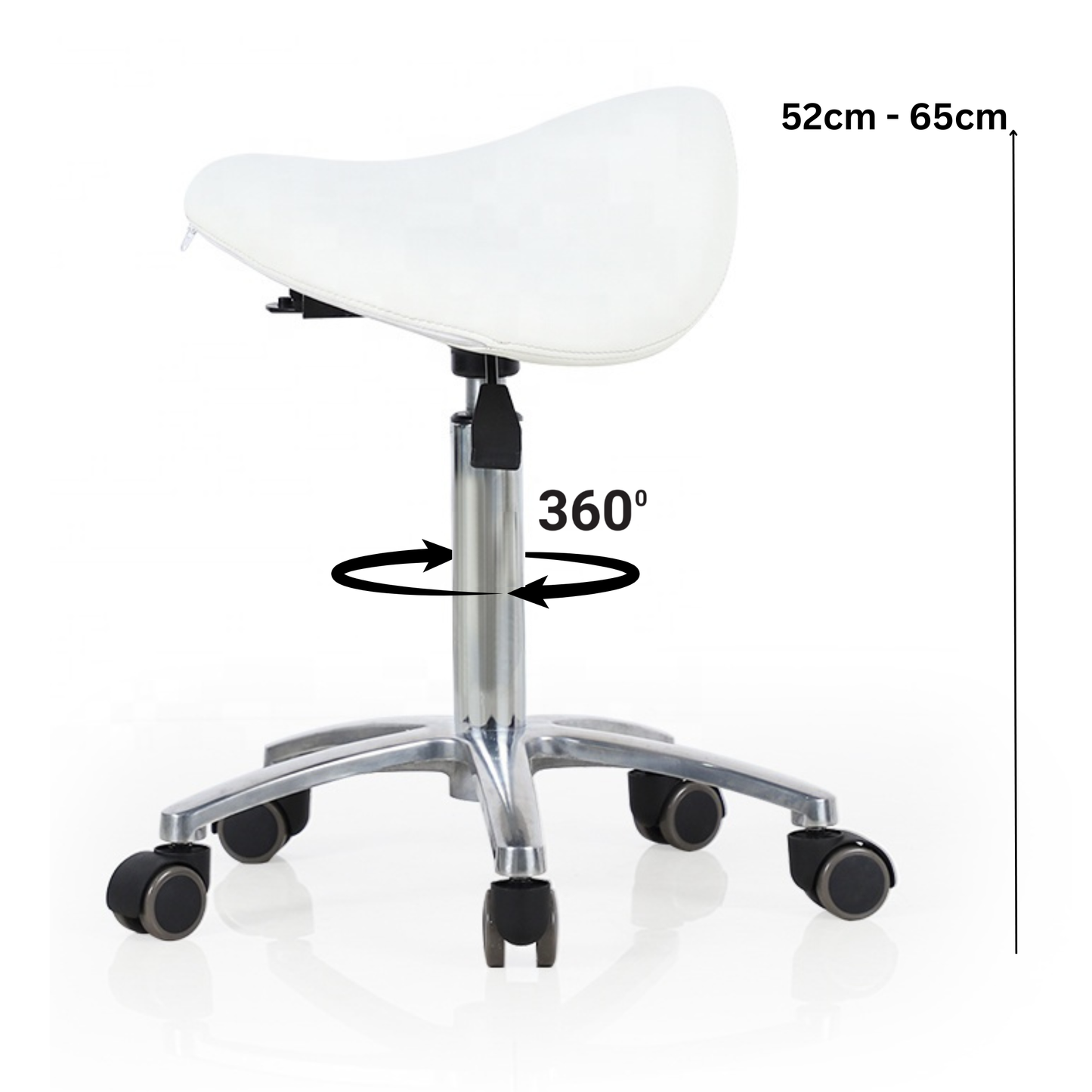 White saddle stool with adjustable height and 360-degree swivel feature on a white background