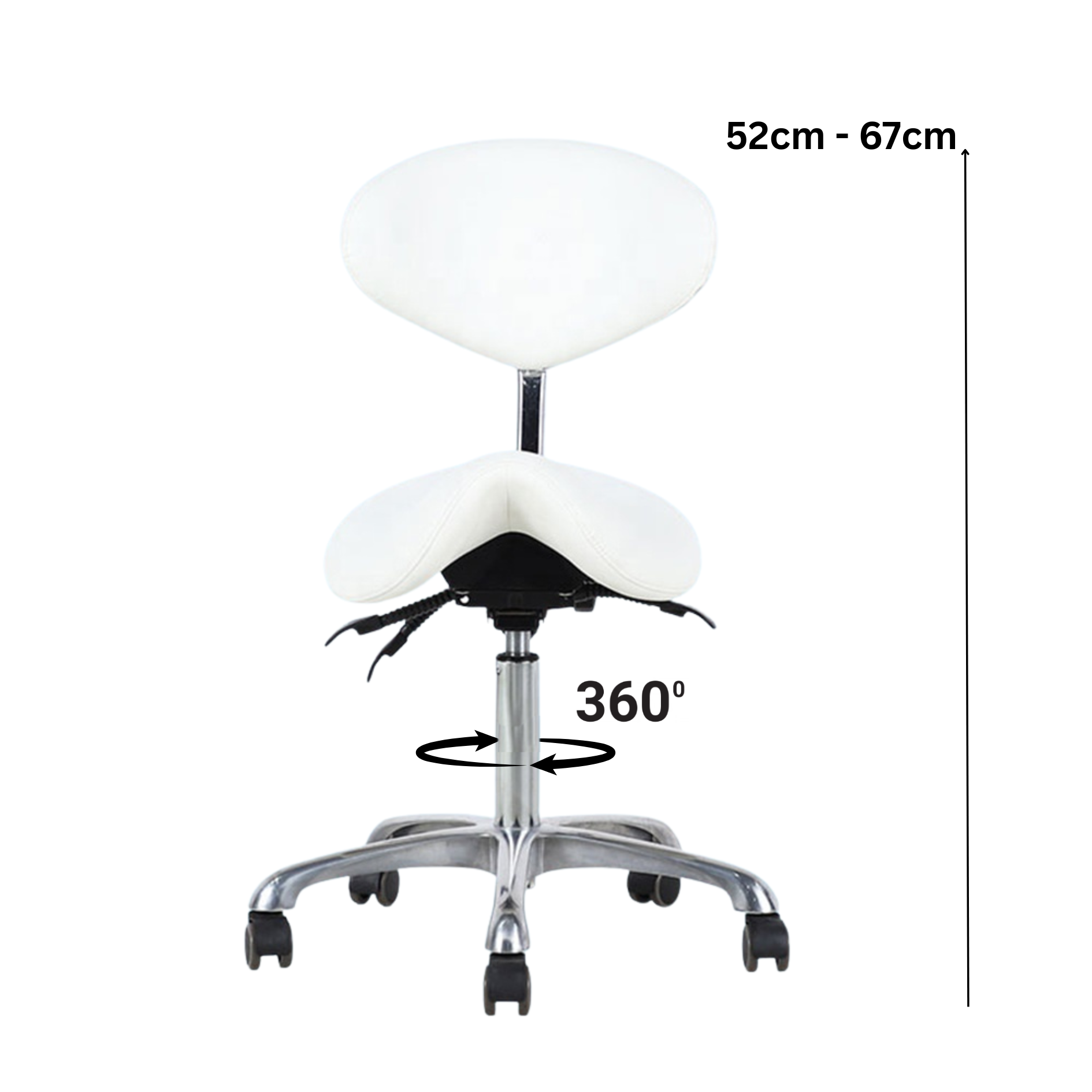 White saddle stool with height and swivel range indicators on a white background