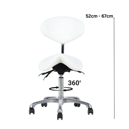 White saddle stool with height and swivel range indicators on a white background