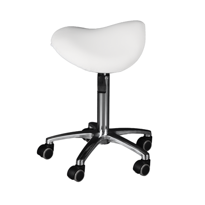 White saddle stool with a chrome base on a white background