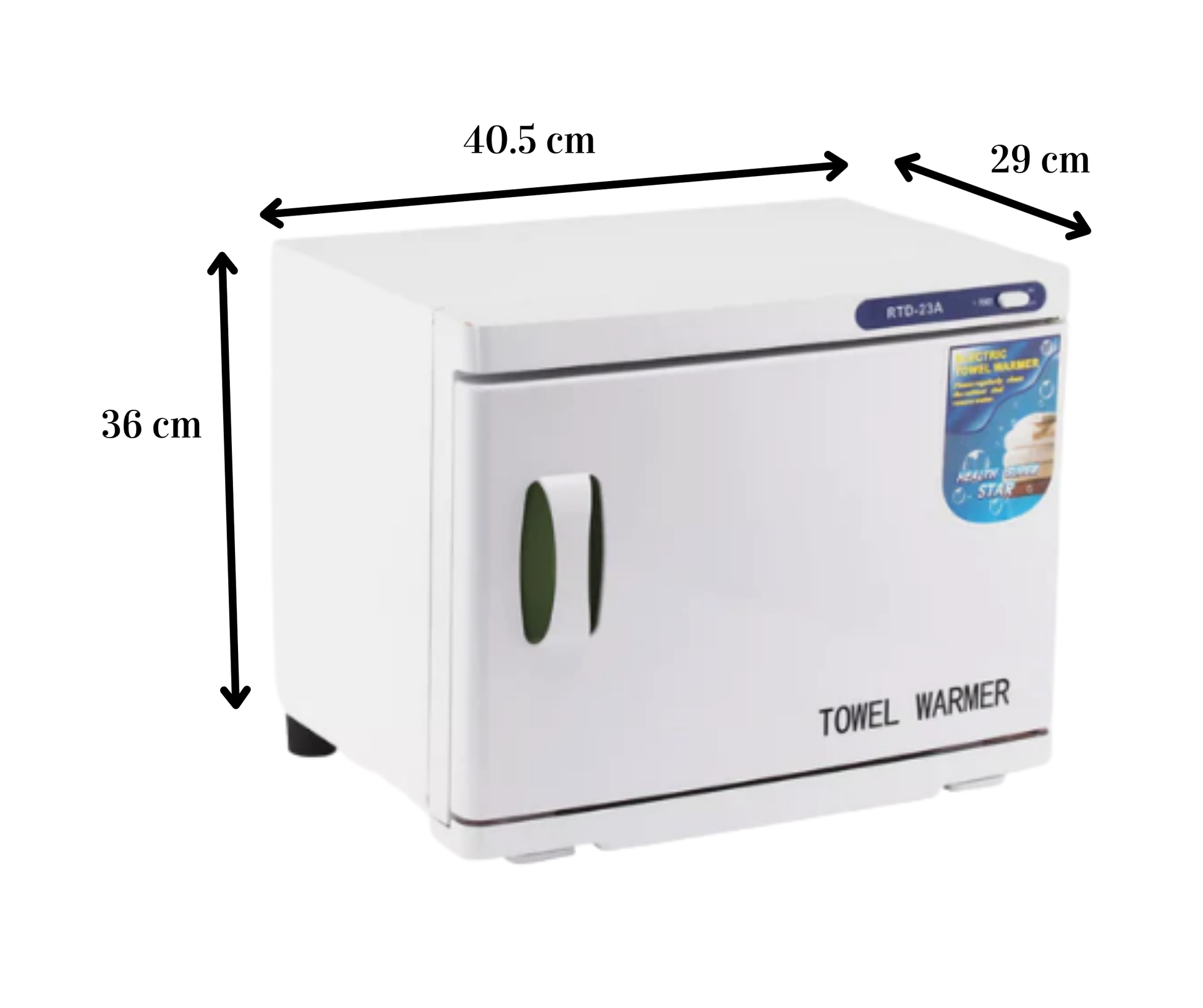 White towel warmer with dimensions labeled on a white background