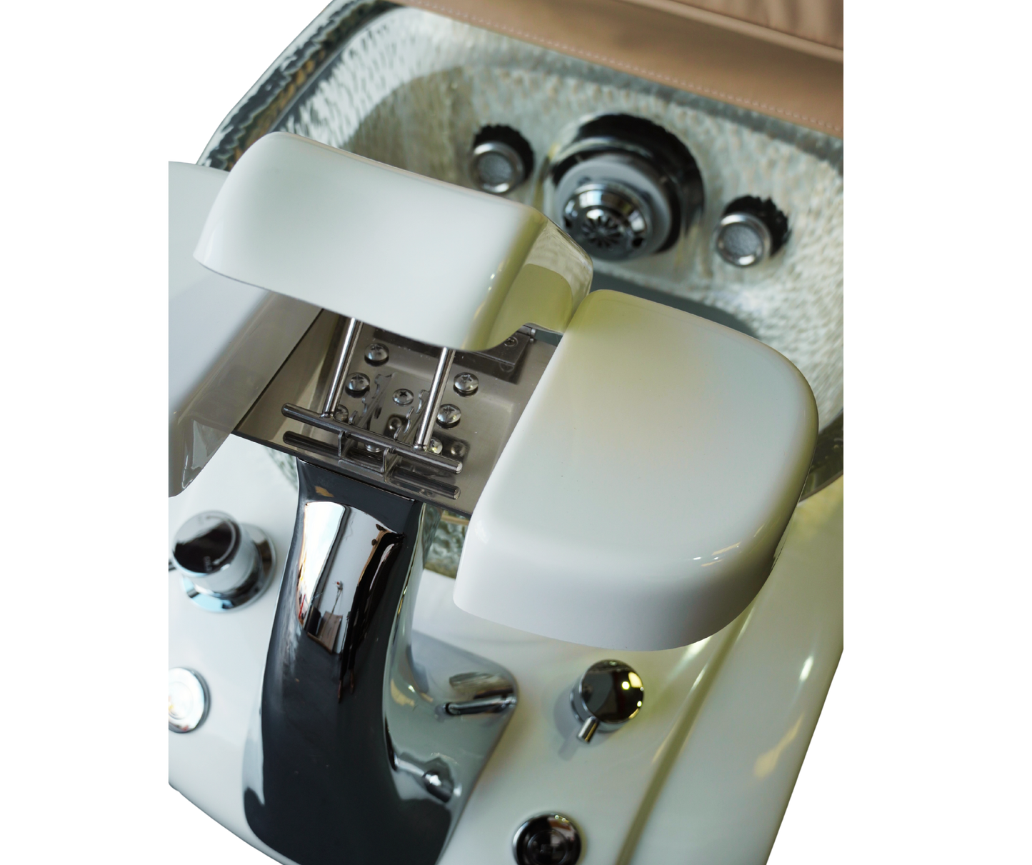 Close-up of a white and chrome mechanism pedicure spa chair  base  on a white background