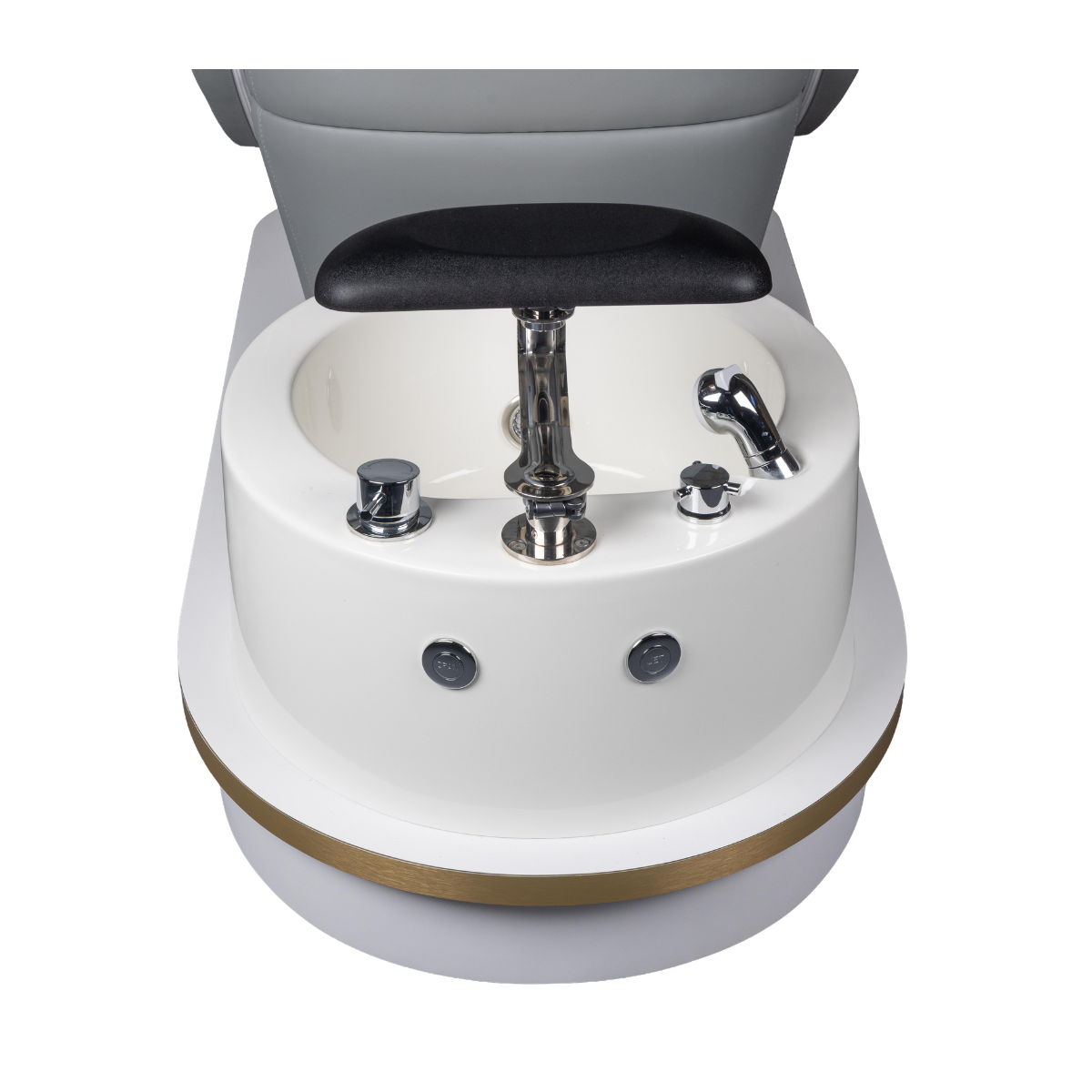 Close-up of a white and gray pedal chair with a black footrest on a white background