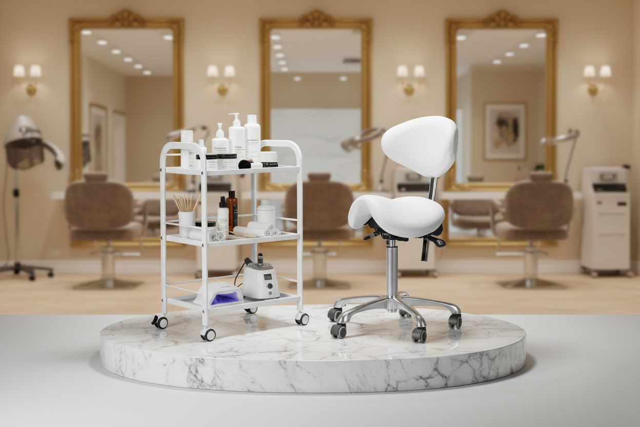 Salon interior with a white stool and trolley in the foreground, mirrors and chairs in the background.