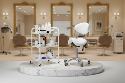 Salon interior with a white stool and trolley in the foreground, mirrors and chairs in the background.