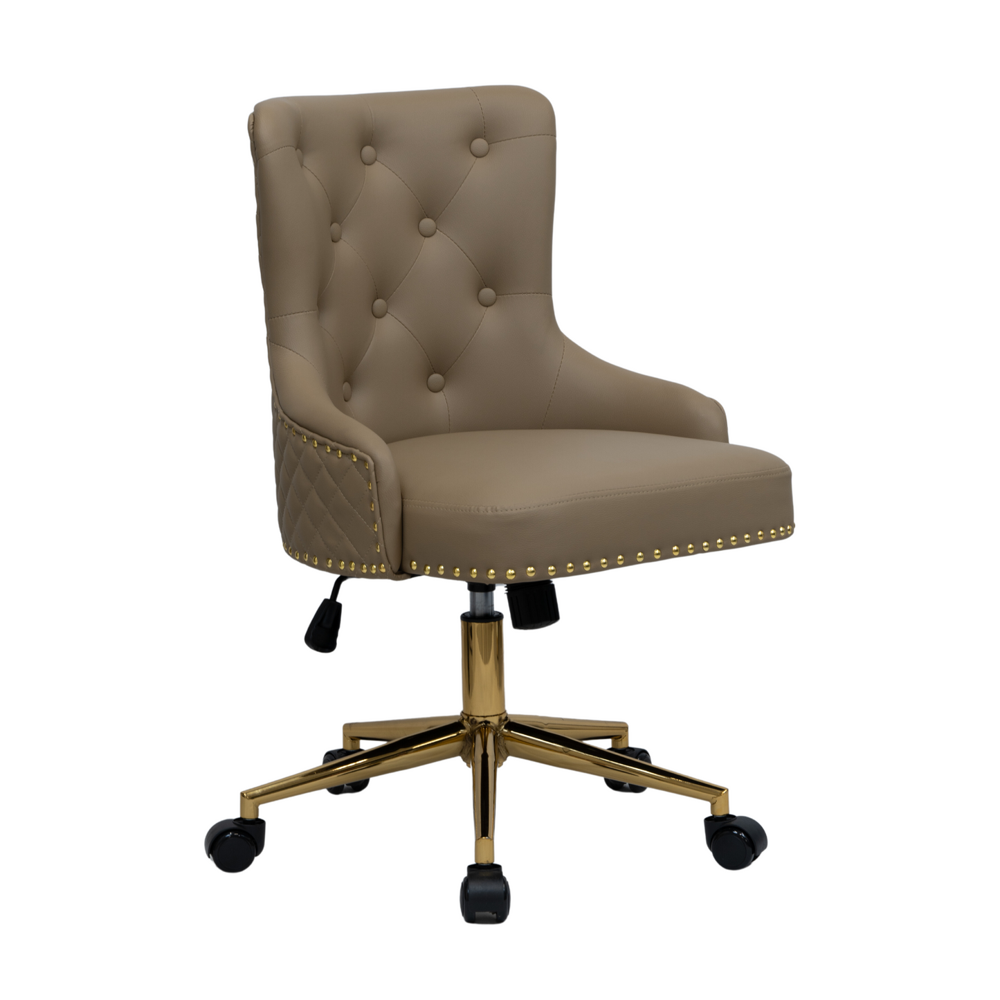 Three-quarter front view of a taupe upholstered swivel office chair with button-tufted backrest, curved padded arms, gold nailhead trim along the seat edge, quilted side panels, and a gold five-star base with castors and height adjustment lever.