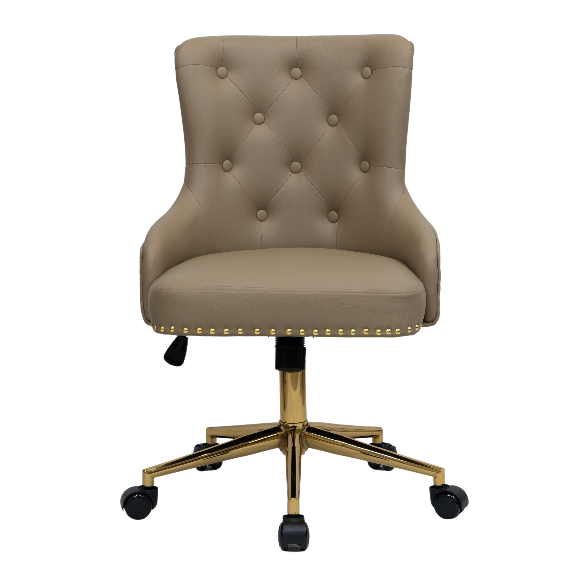 Front view of a taupe upholstered swivel office chair with button-tufted backrest, curved padded arms, gold nailhead trim along the seat edge, and a gold five-star base with castors and height adjustment lever.