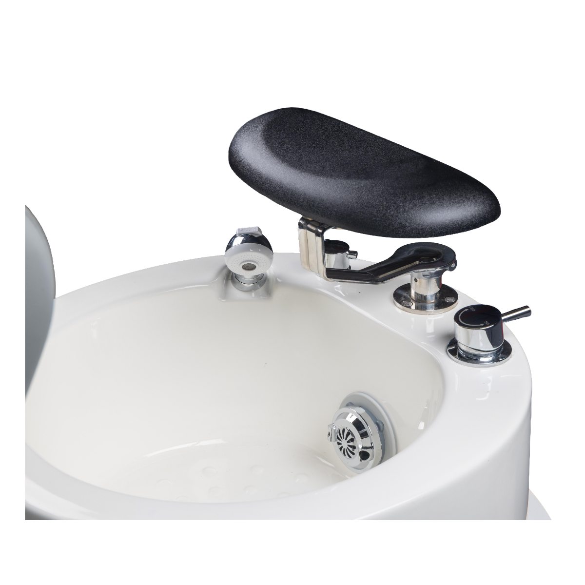 White sink with black faucet and silver handles on a white background