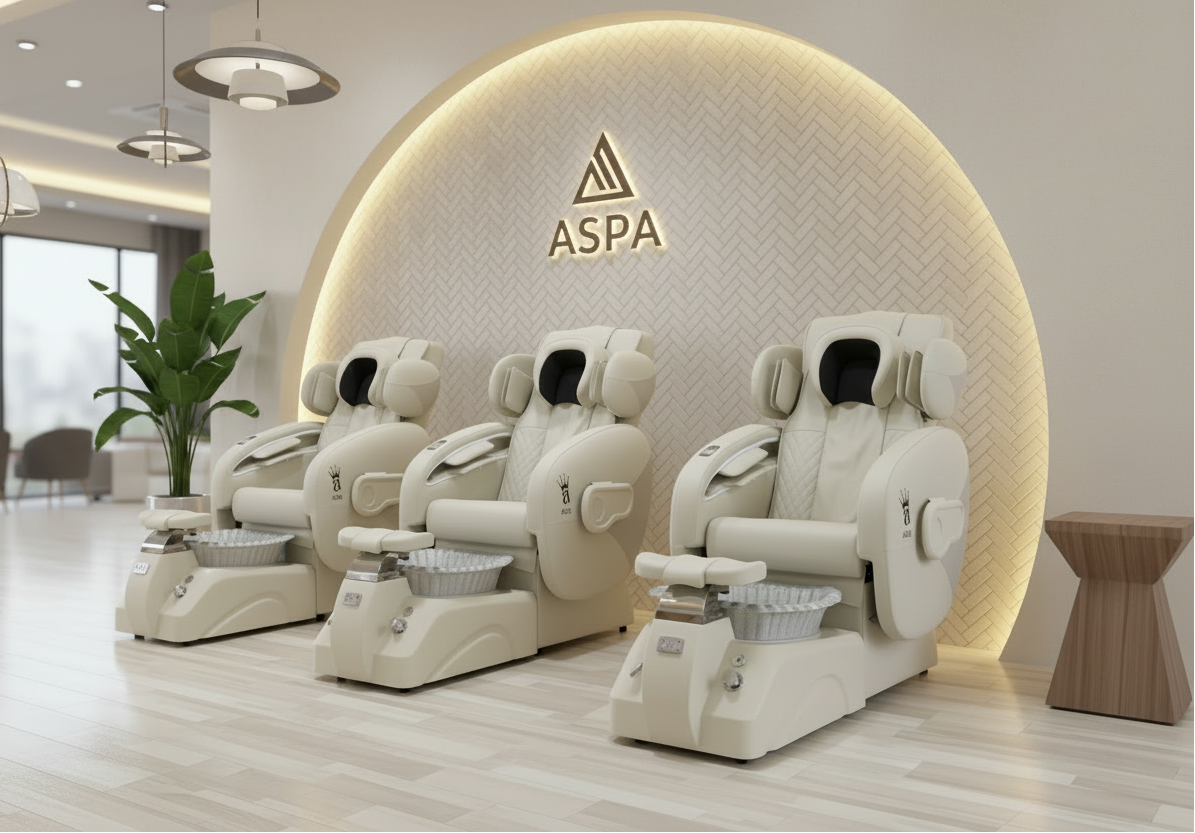 Cream pedicure chair with foot basin in a spa setting, with a full body massage system, equipped with a high-quality basin, jet system, LED light, drain pump, and a spray hose, positioned in a salon setting.