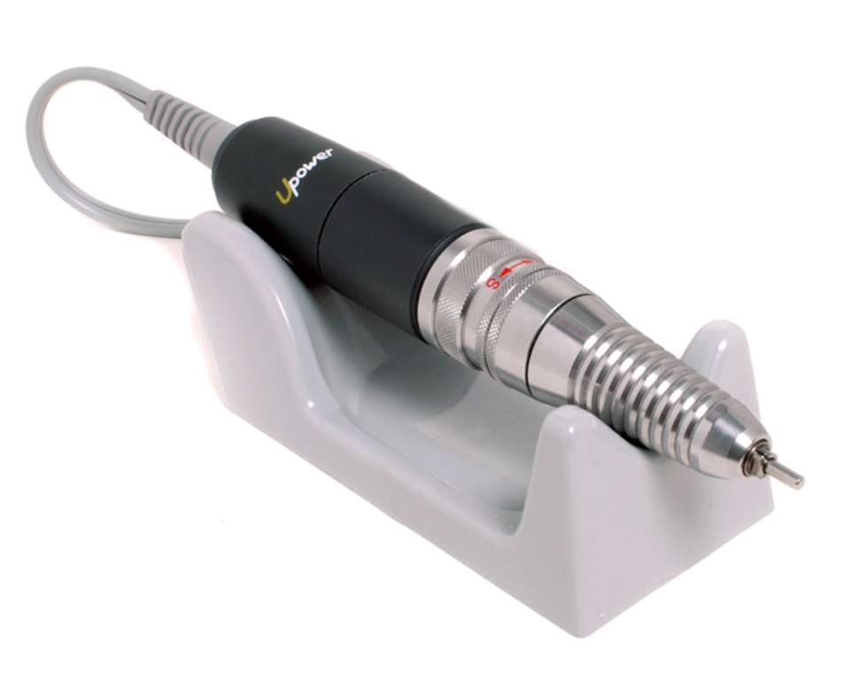 Nail drill with a black and silver design on a white background